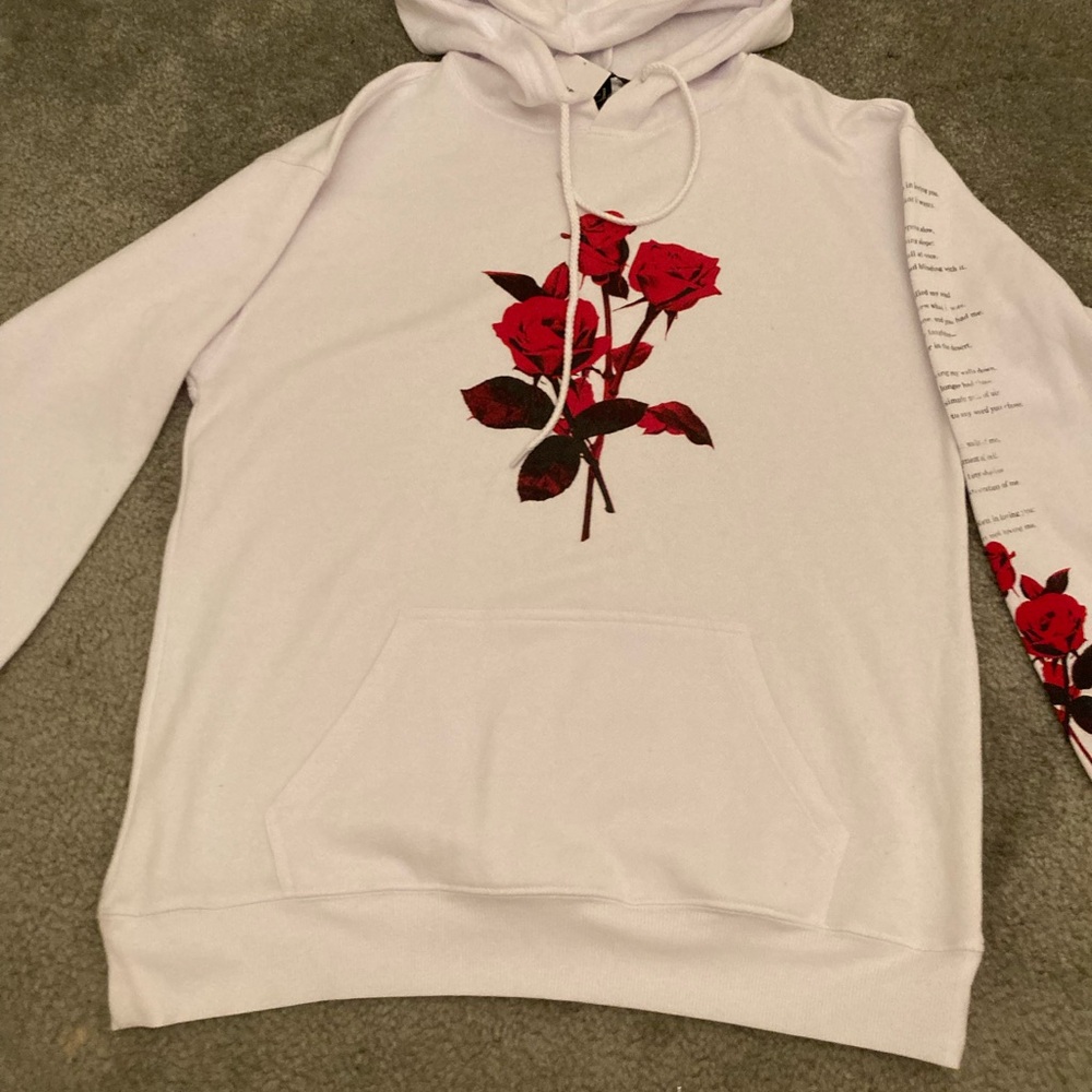 White Hoodie with Red Rose Design